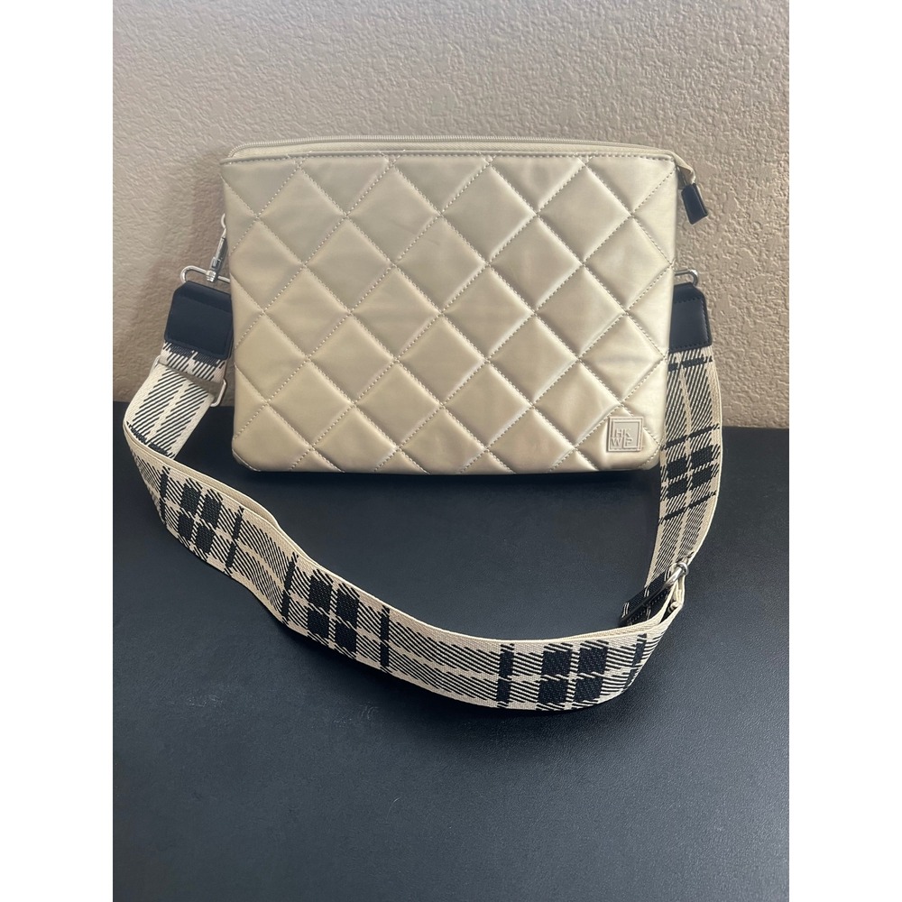 IHKWIP Quilted Triple Compartment Crossbody Bag Champagne Gold Plaid Strap